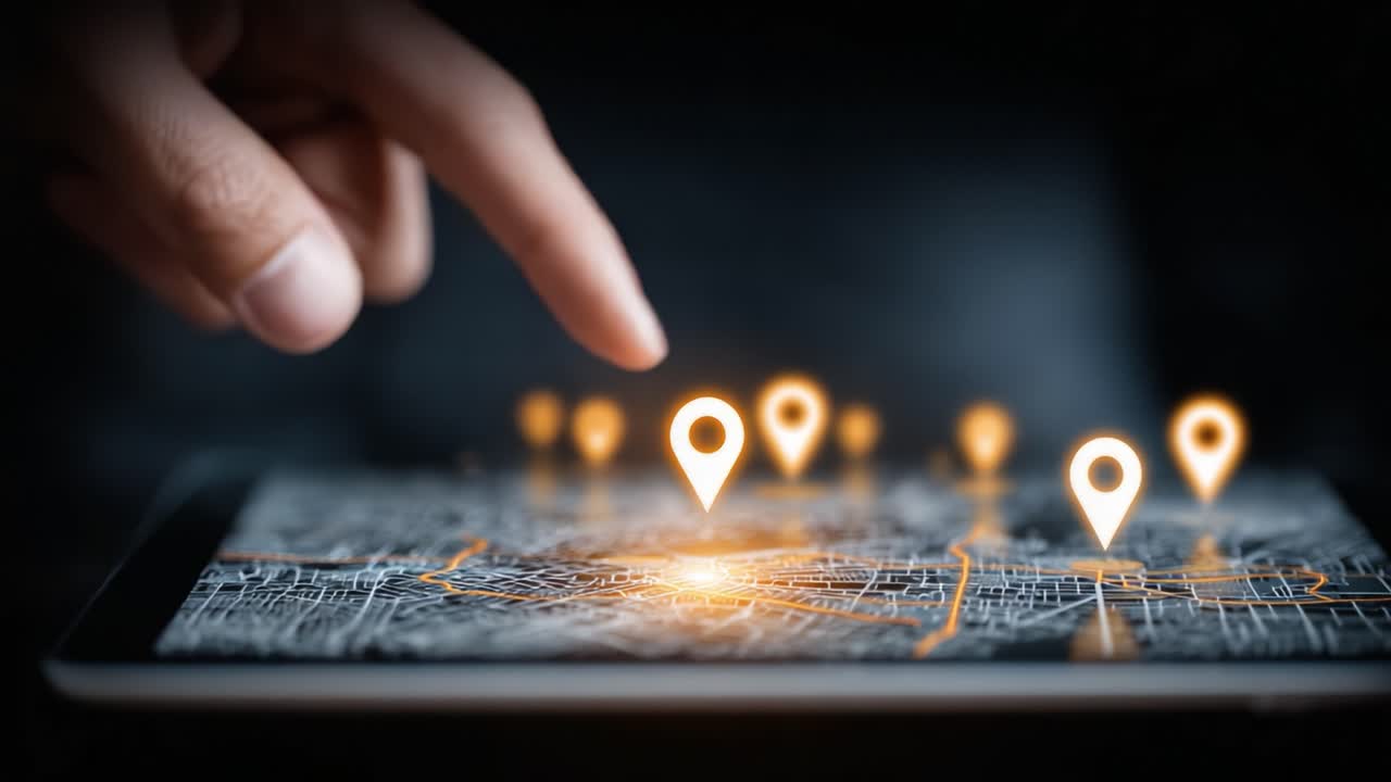 Exploring the Digital Landscape: A Close-Up of a Finger Interacting with a Location Map Interface Highlighting Geographical Points of Interest