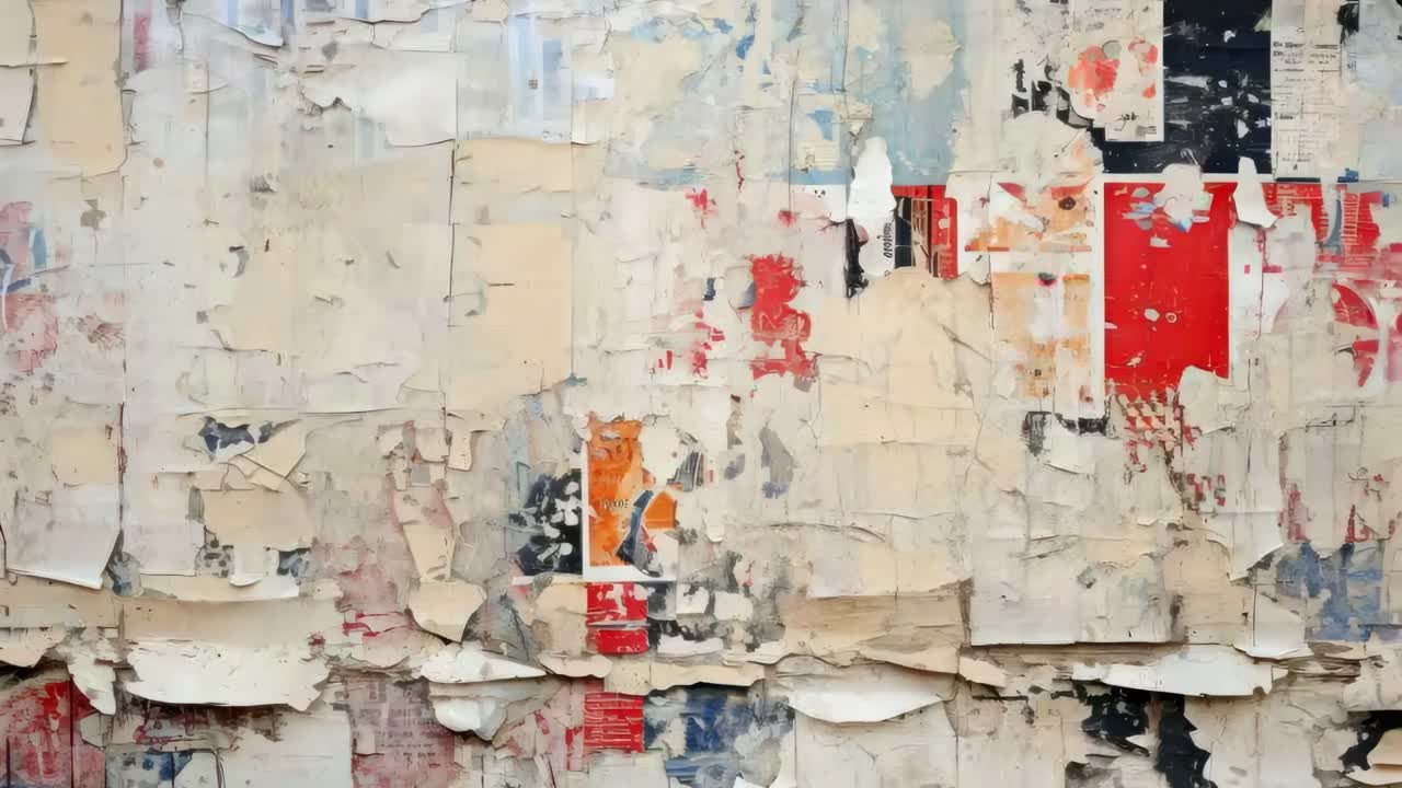 Close-up video of a textured wall with peeling posters, showcasing a vintage, urban decay aesthetic
