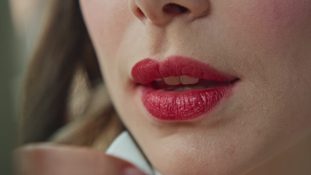 primer plano de los labios con lápiz labial rojo