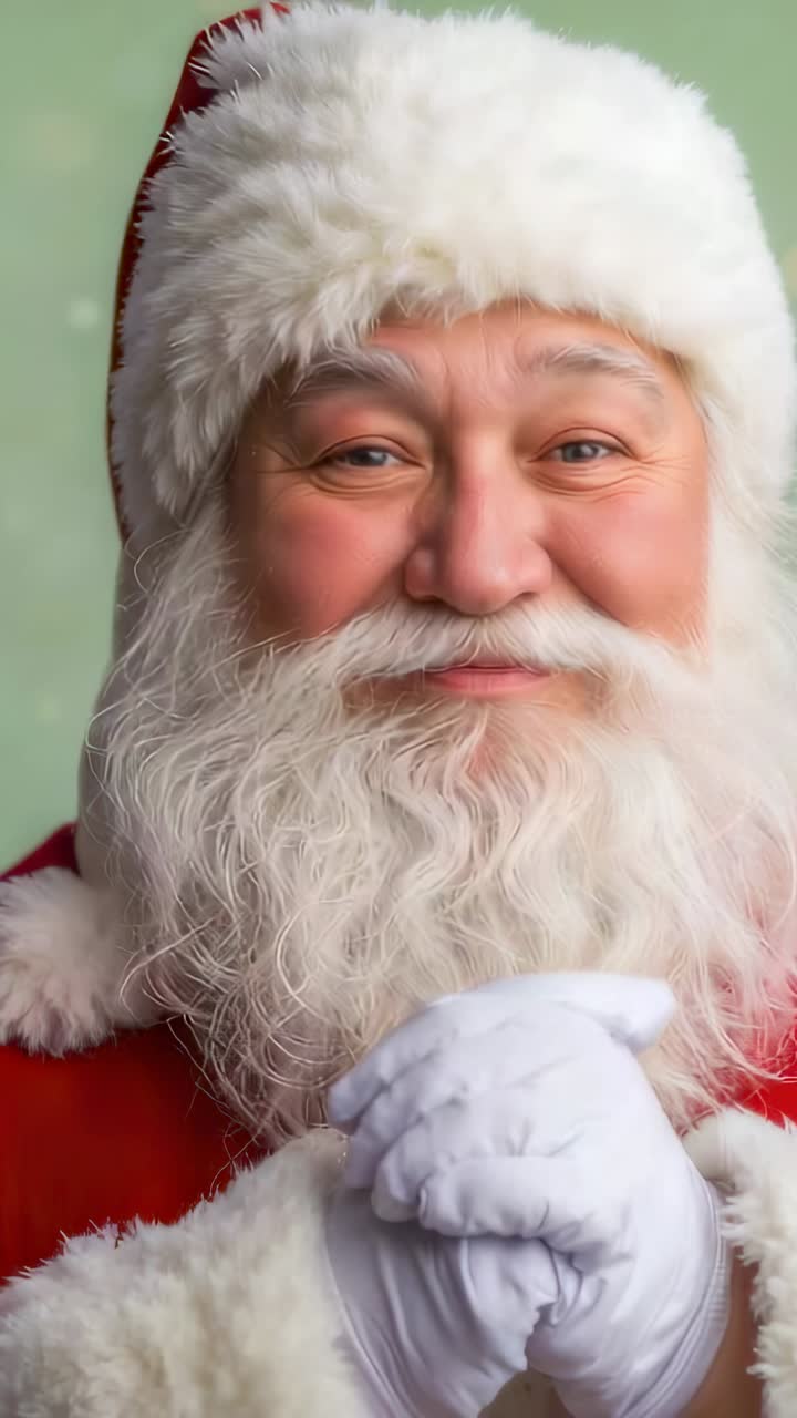 Video verticale: Babbo Natale sorridente che tiene dei guanti mentre la telecamera si stringe, girando a destra per mostrare il profilo nell'inquadratura