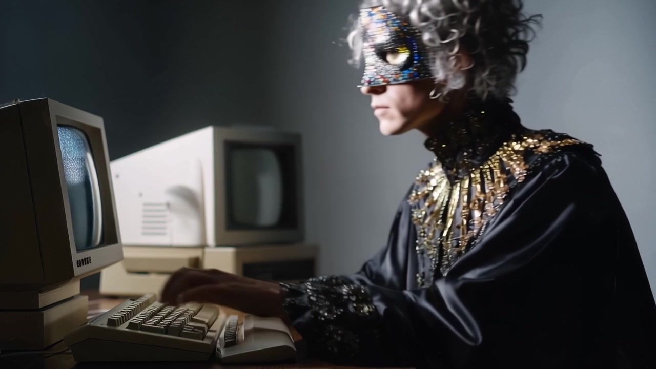 Persona misteriosa con maschera ornata che digita su un computer vintage