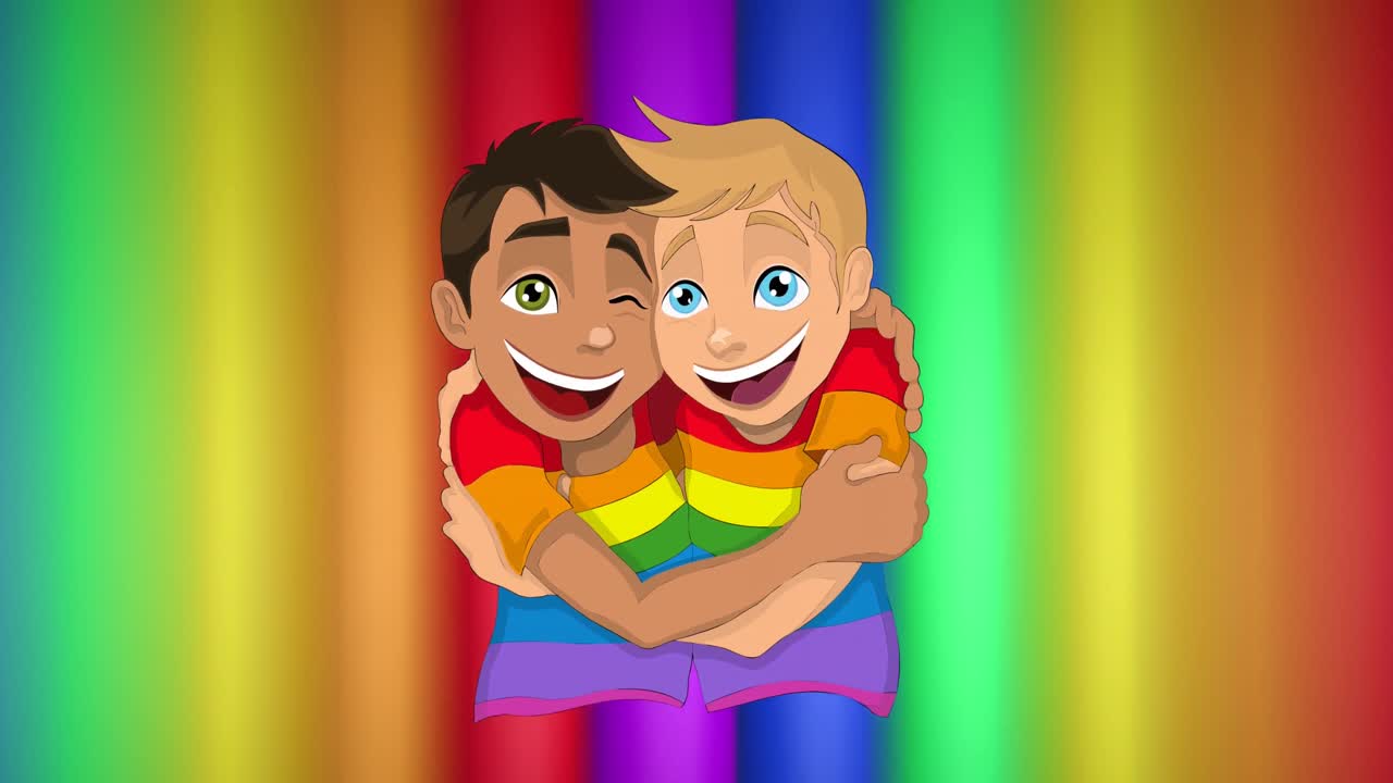 animación de una pareja masculina abrazándose sobre las rayas del arco iris y los colores que se mueven en un bucle sin costuras.