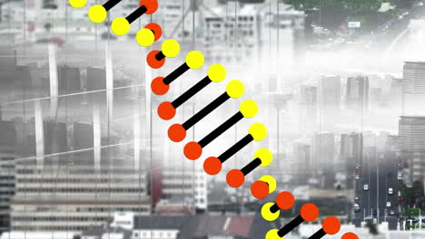 animación de la cadena de adn sobre el paisaje urbano