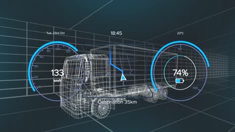 Animation-Von-Tachometer-,-GPS--Und-Ladestatusdaten-Auf-Der-Fahrzeugschnittstelle,-über-3D-Lkw-Modell