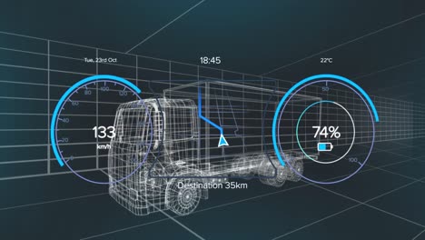 Animation-of-speedometer,-gps-and-charge-status-data-on-vehicle-interface,-over-3d-truck-model