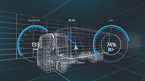 animación del velocímetro, el gps y los datos del estado de carga en la interfaz del vehículo, en un modelo de camión 3d
