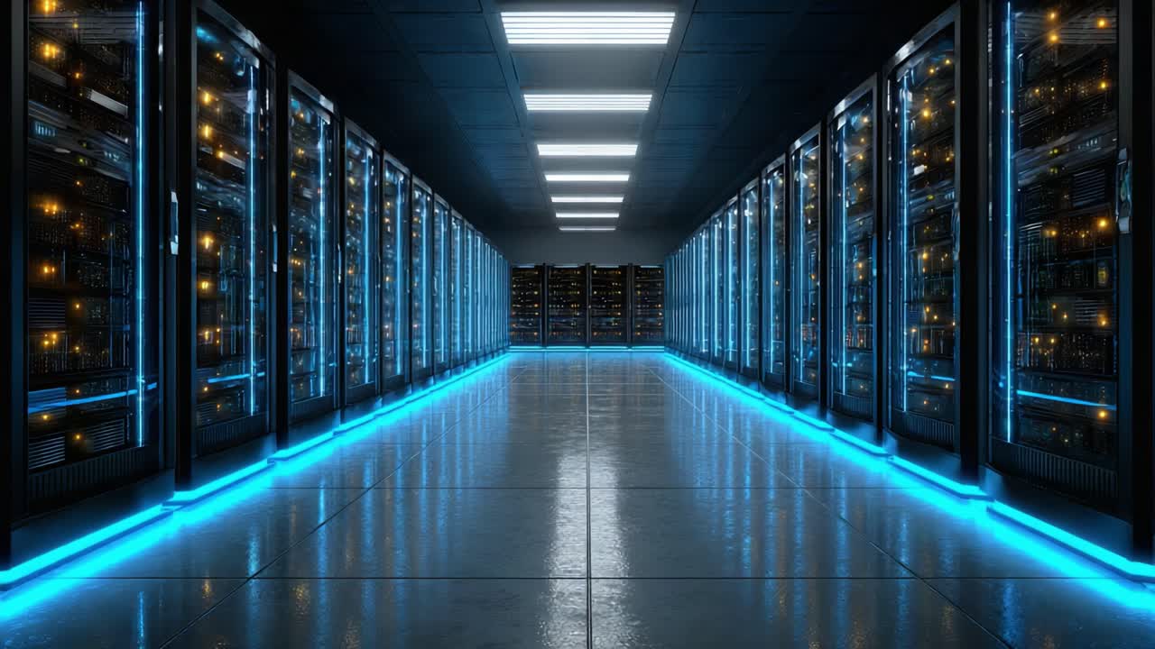 A Stunning Visualization of a Modern Data Center with Illuminated Server Racks Showcasing the Cutting-Edge Technology Behind Data Management and Storage