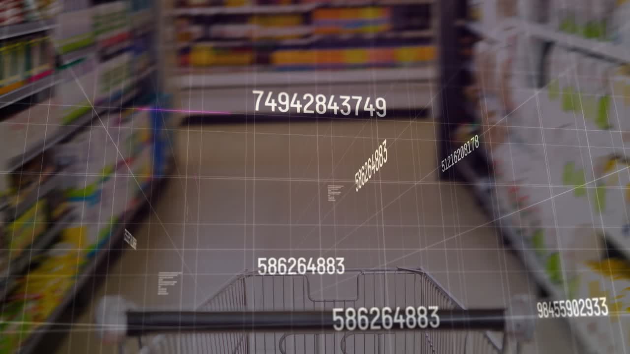 Push-triggered cart handle and basket rolling down aisle, displaying 3D codes scanning shelves