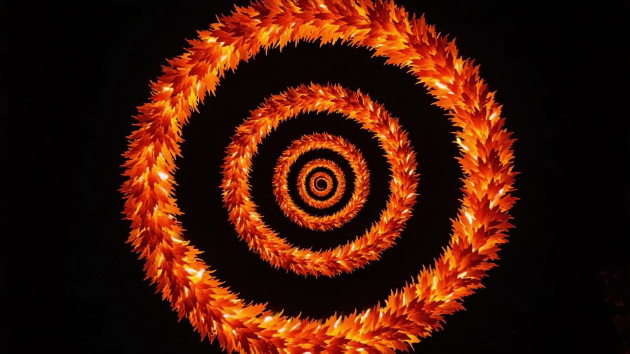 A Mesmerizing Spiral of Illuminated Leaves: Captivating Fall Imagery Encased in a Circular Symmetry of Warm Colors Against a Dark Background
