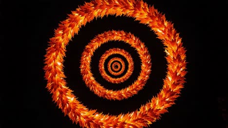 a mesmerizing spiral of illuminated leaves: captivating fall imagery encased in a circular symmetry of warm colors against a dark background
