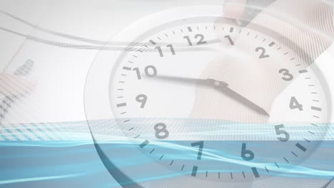 animation of clock moving over hands on white background