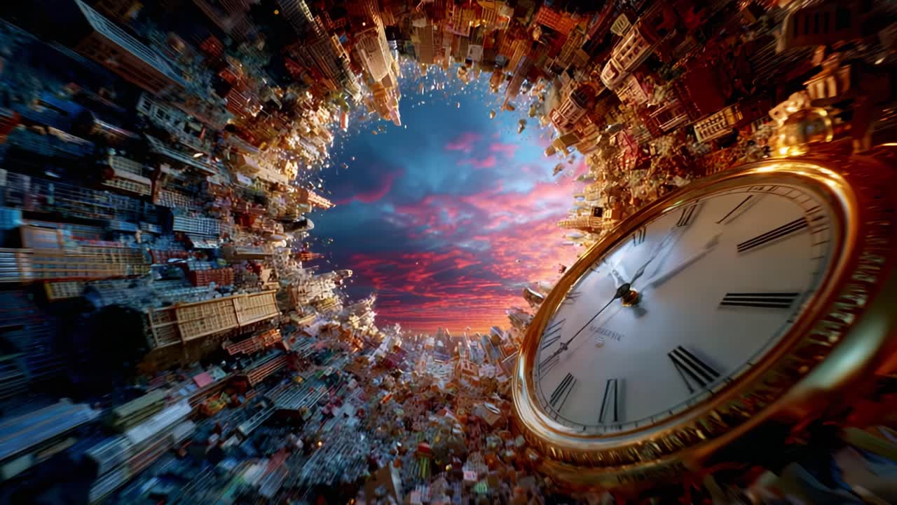 A surreal depiction of time and reality merging, featuring a giant clock and a vibrant skyline, evoking a sense of urgency amid the beauty of a colorful sunset