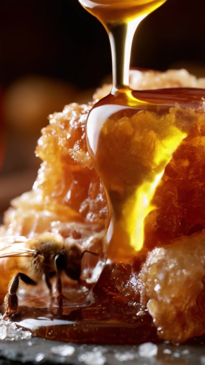 Un magnifico primo piano di miele dorato che cola da un pezzo di favo, evidenziando la dolcezza naturale e la ricca consistenza di questa prelibatezza.
