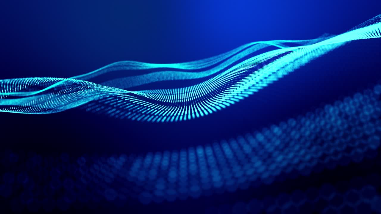 빛나는 입자의 4k 루프 추상적인 배경은 선을 형성하고 사이버 공간 또는 홀로그램에서 미래의 풍경으로 표면을 나타니다. 마이크로 월드, 나노 기술 또는 우주 공간의 공상 과학 테마.