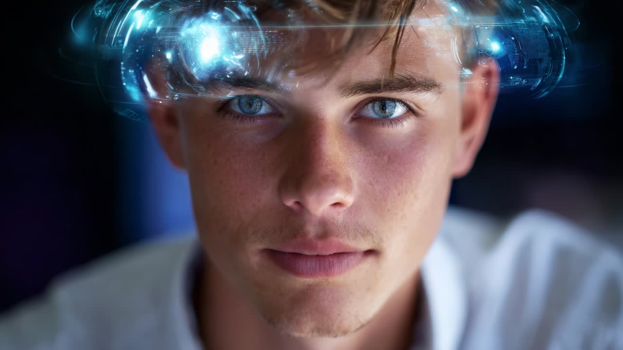 Exploring the Depths of Imagination: A Captivating Glimpse into the Mind of a Young Dreamer as Visual Effects Create a Mesmerizing Aura Above His Head, Signifying Creativity and Inspiration