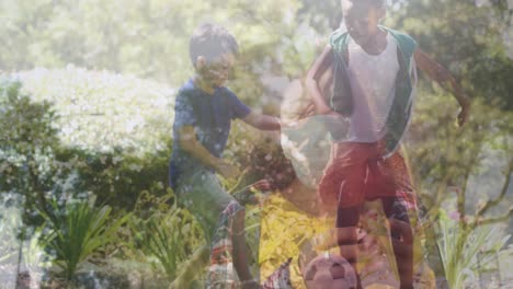 Woman-wearing-face-mask-using-smartphone-against-two-boys-playing-football