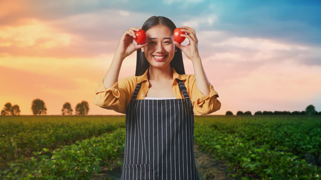해가 지는 동안 토마토 를 들고 있는 여자 농부