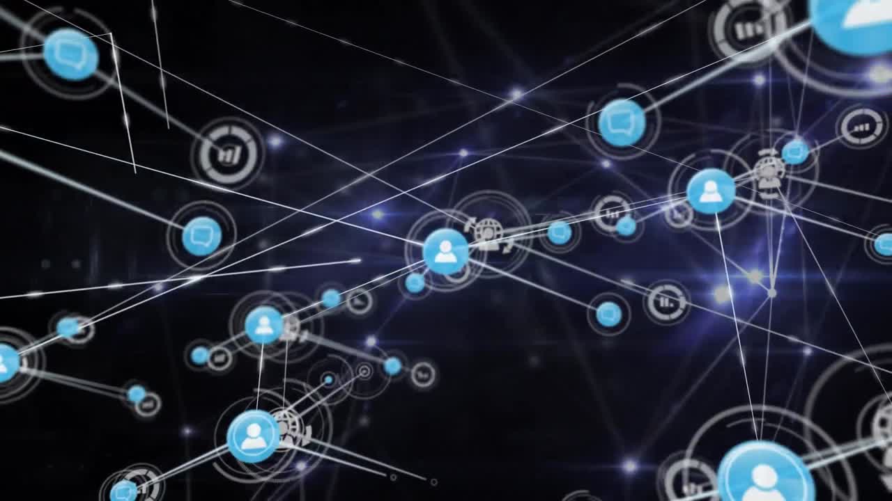 animación de una red de conexiones brillantes e íconos digitales contra un fondo negro.