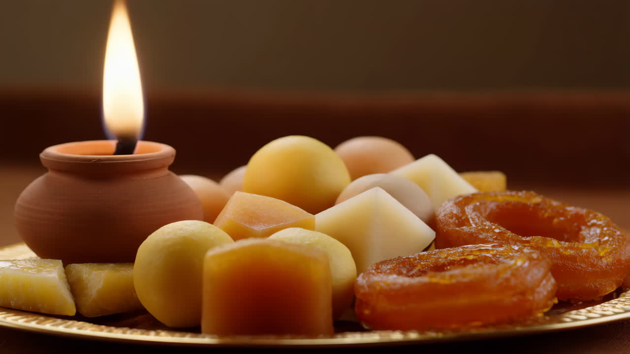 Lampada Diya tremolante con assortimento di Mithai indiani su un piatto