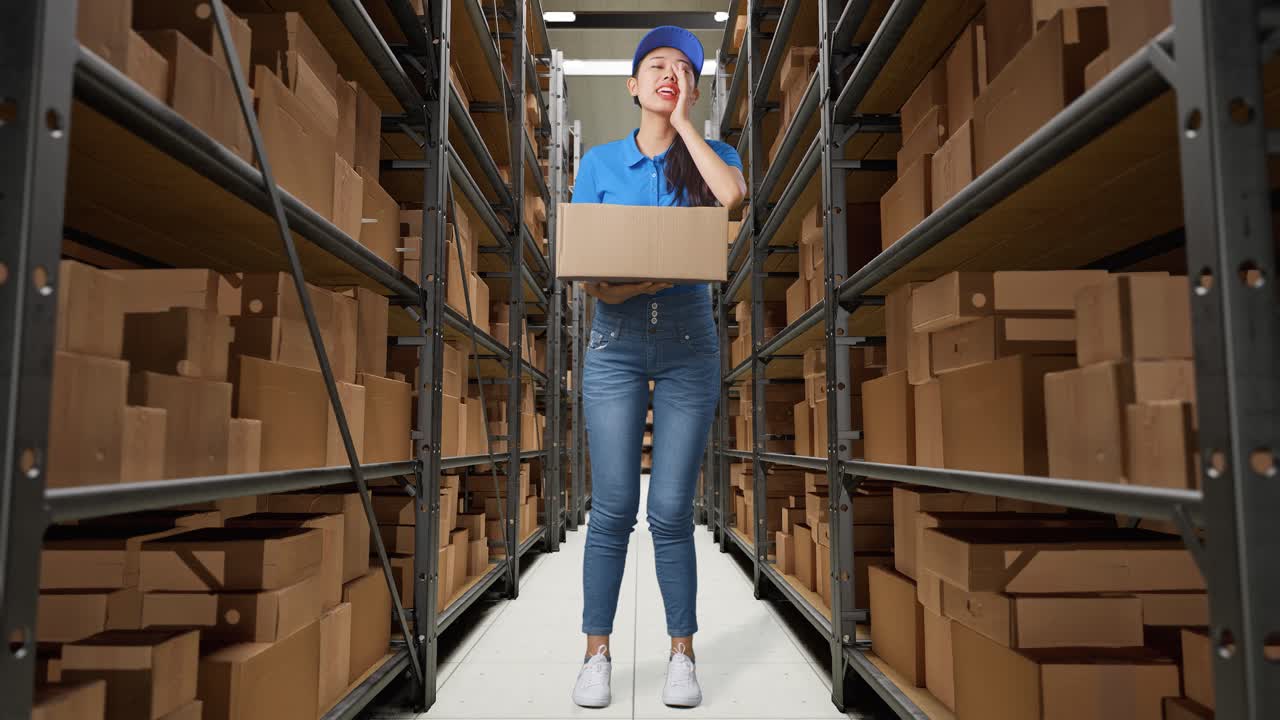 cuerpo lleno de mensajero femenino asiático en uniforme azul sonriendo y hablando a la cámara mientras entrega un cartón en el almacén