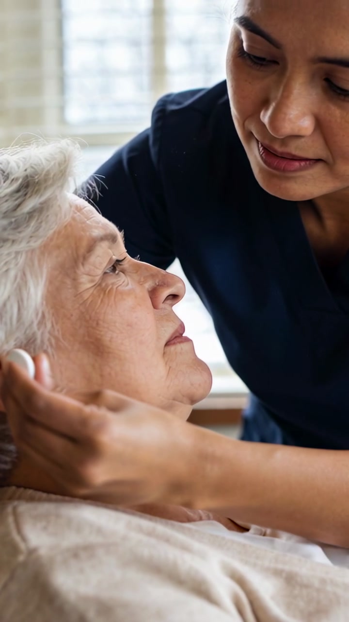 Caregiver leaning in bringing wipe, cradling Senior woman and wiping ear for healthcare comfort
