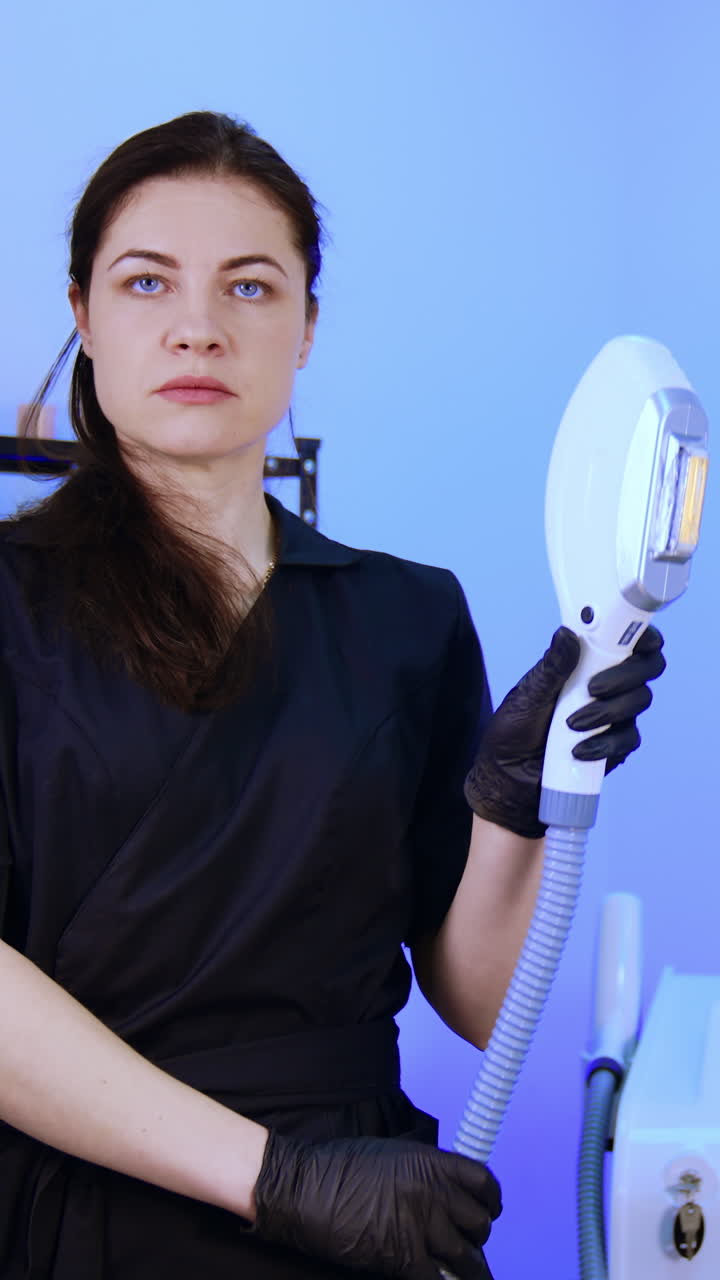 Female brunette beautician wearing uniform holds the laser machine and looks at it carefully. Elos epilation in beauty salon. Vertical video