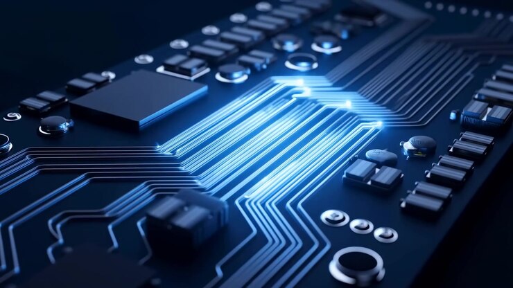 Impulsi di luce blu brillante si muovono attraverso tracce ramificate di circuiti stampati, illuminando progressivamente i percorsi attorno a chip scuri e piccoli componenti in un primo piano dettagliato e a bassa angolazione