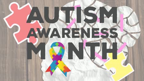 animation of autism awareness month text over puzzles forming ribbon and white woman's head