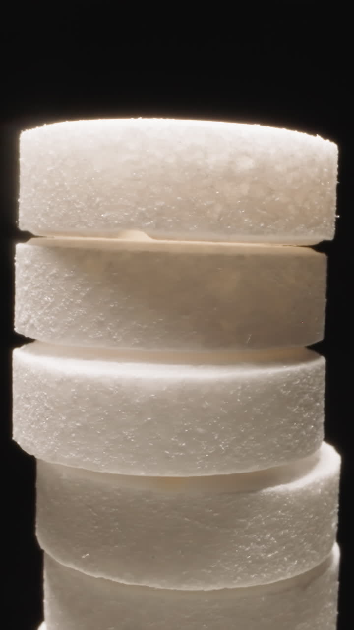 Stack of white round pills shaped as Tower of Pisa rotates shaking on black background. Production of effective antibiotics for health treatment macro