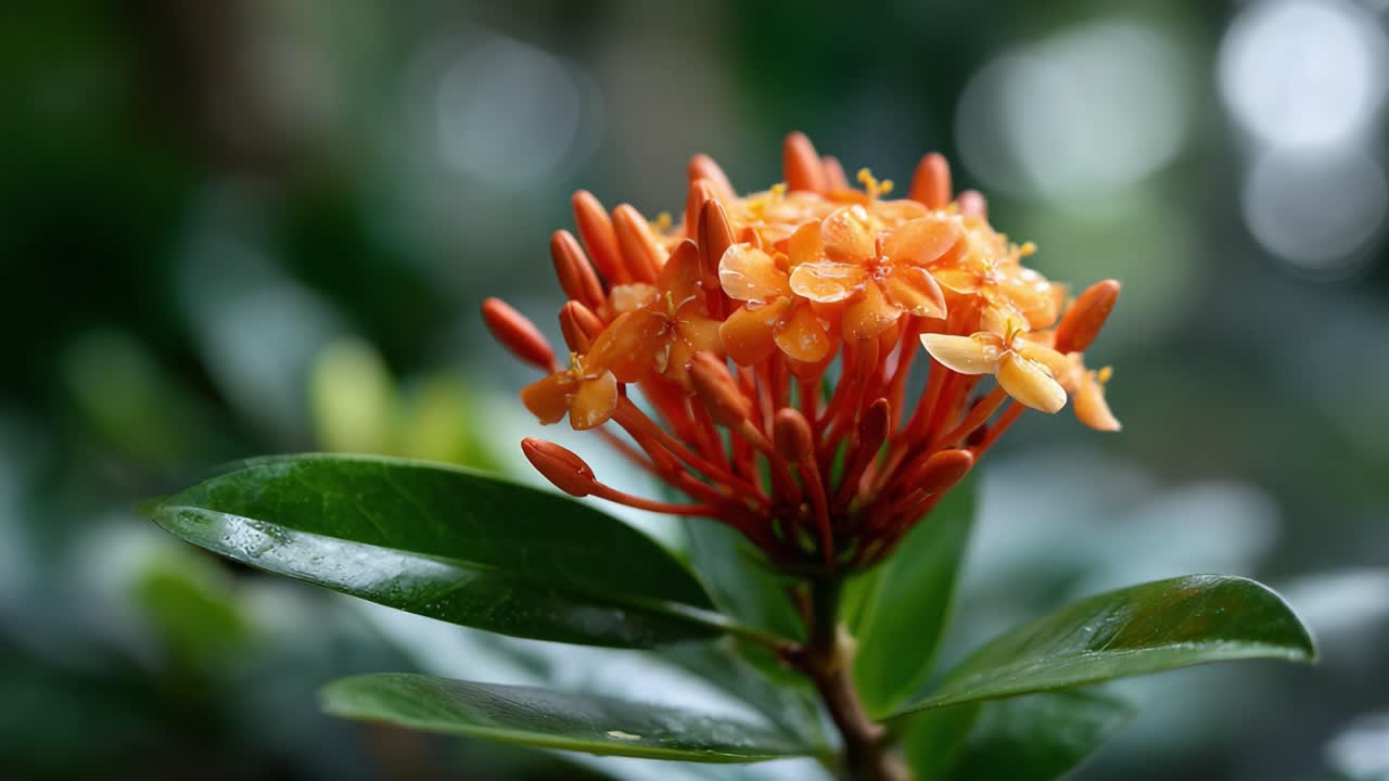 A Close-Up of Vibrant Orange Flower Blossoms with Dew Drops on Leaves in a Lush Green Background, Showcasing Natural Beauty and Floral Details