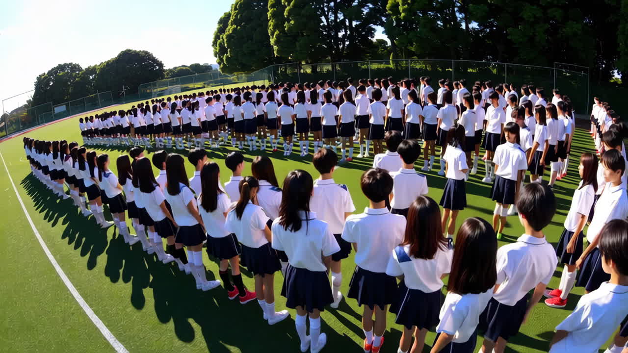 Students Lined Up in Formation on a Green Field