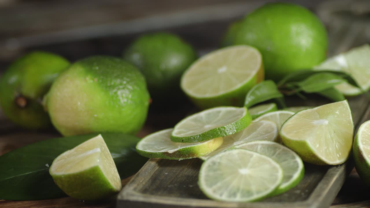 la cal cortada en rodajas en una tabla de cortar gira lentamente.