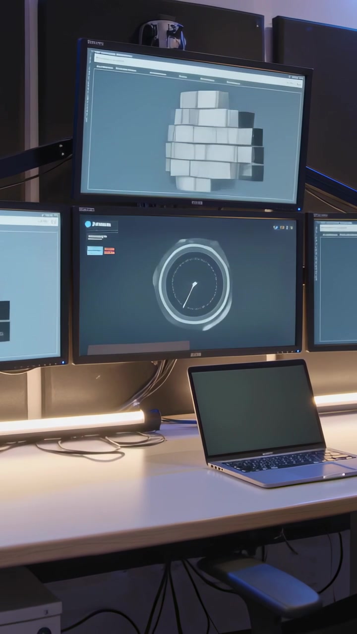 Vertical video: Showing monitors cycling demo frames on playback at office desk with closed laptop