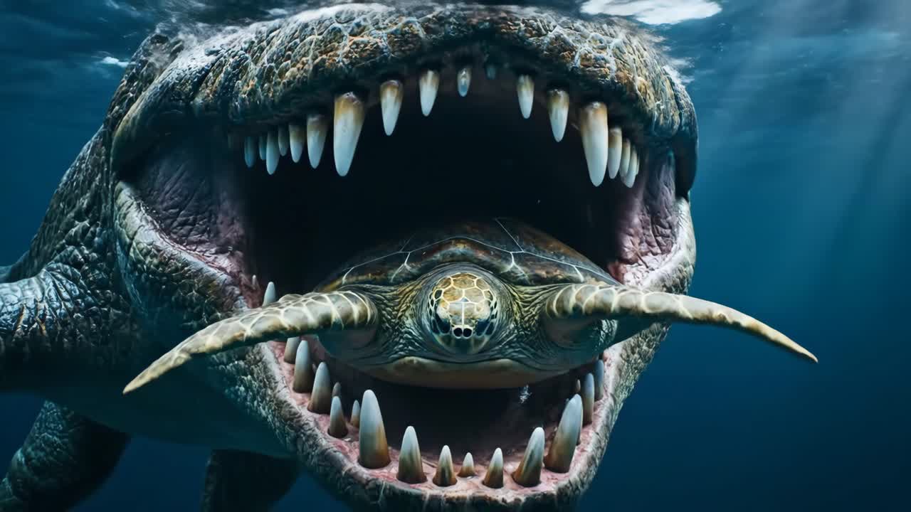 Dinosaur Eats Turtle Underwater