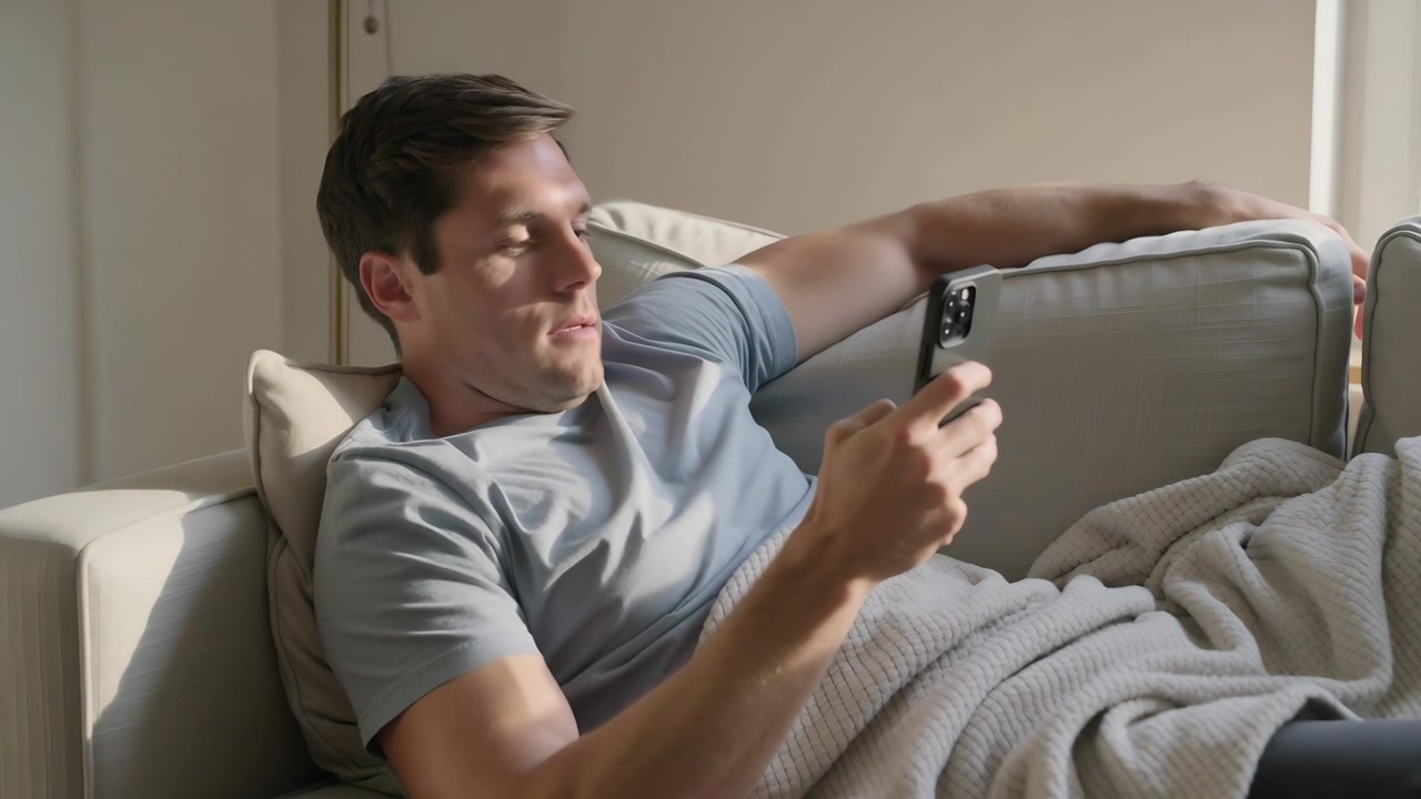 Uomo adulto che legge, con maglietta grigia, scorrendo lo smartphone su un divano chiaro vicino alla finestra, con coperta.