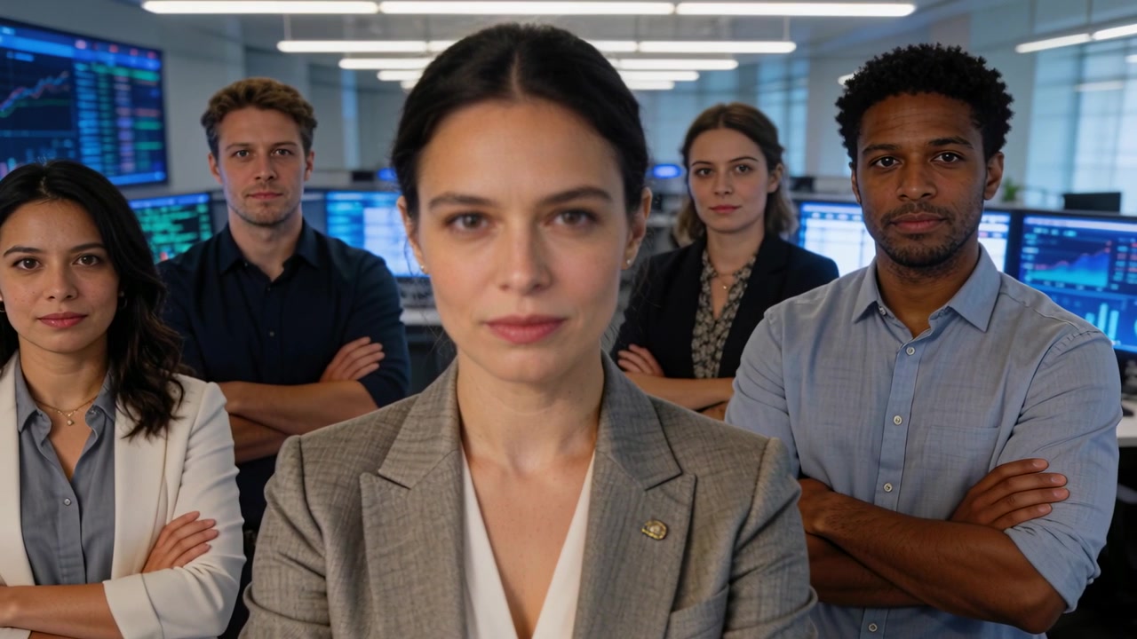 La telecamera si stringe su una donna al centro con blazer grigio e badge identificativo, il team con le braccia incrociate, schermi che mostrano grafici.