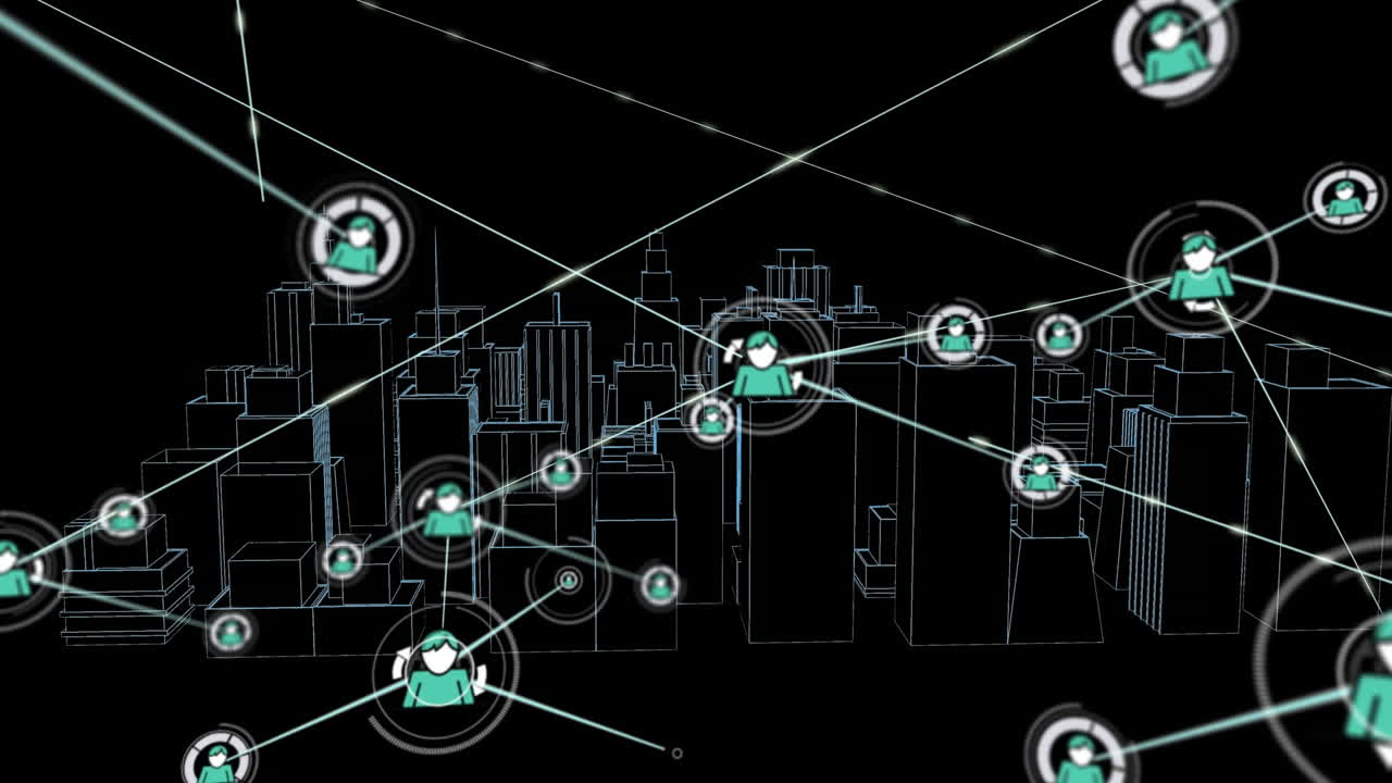 Animation of network of connections with icons over 3d city drawing on black background