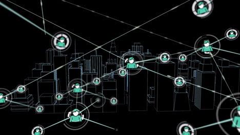 animation of network of connections with icons over 3d city drawing on black background