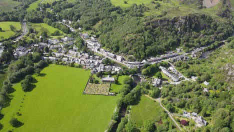 beddgelert village in snowdonia wales uk aerial footage overhead point of view 4k