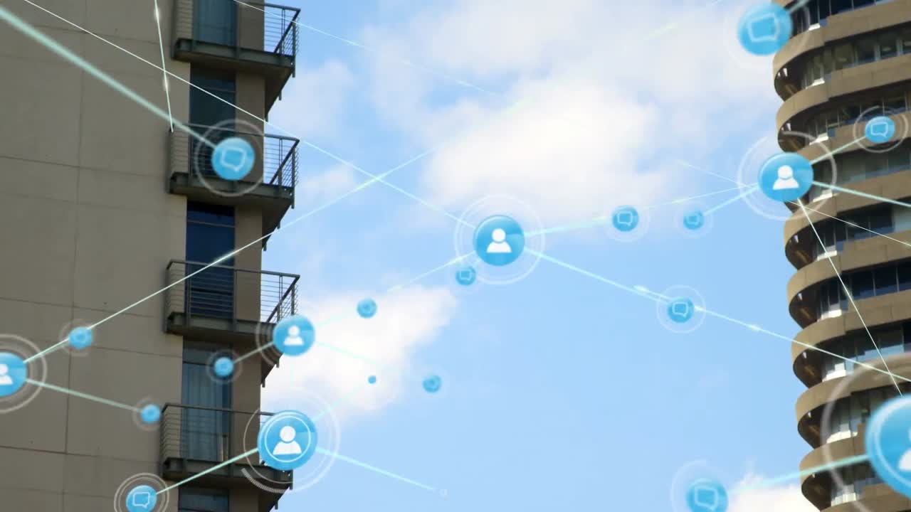 도시 풍경 위의 아이콘으로 연결된 네트워크의 애니메이션