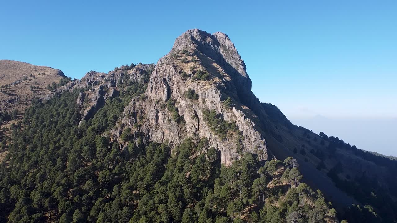 Cima montuosa rocciosa con cieli azzurri e alberi verdi.