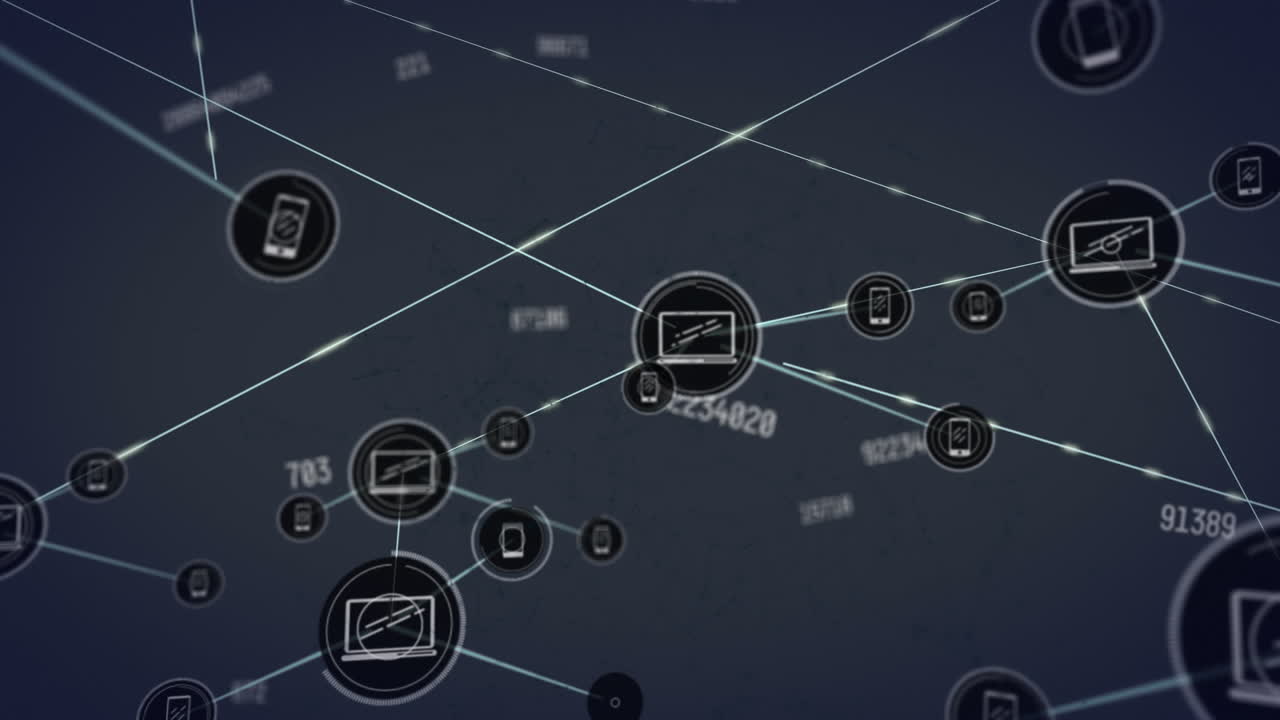 animación de números y iconos crecientes conectados con líneas sobre puntos conectados que forman formas.