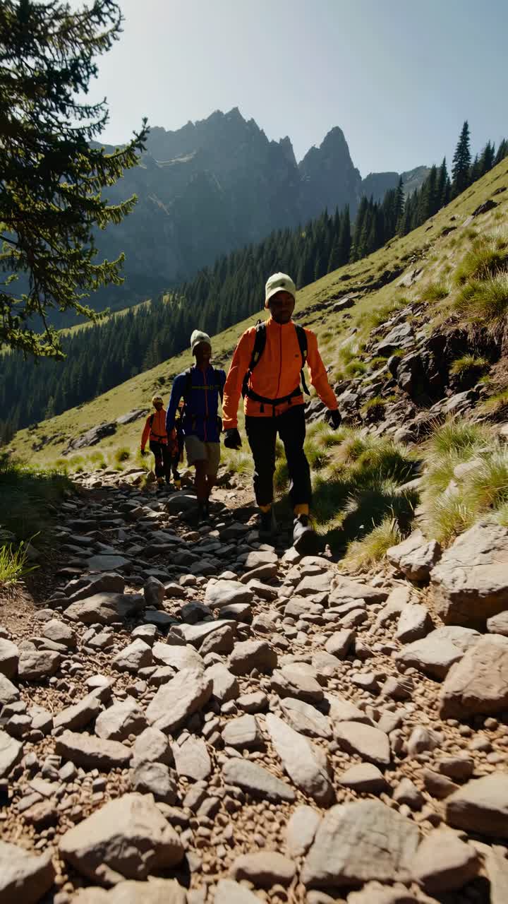 A group of hikers ascends a rocky trail in a mountainous landscape
