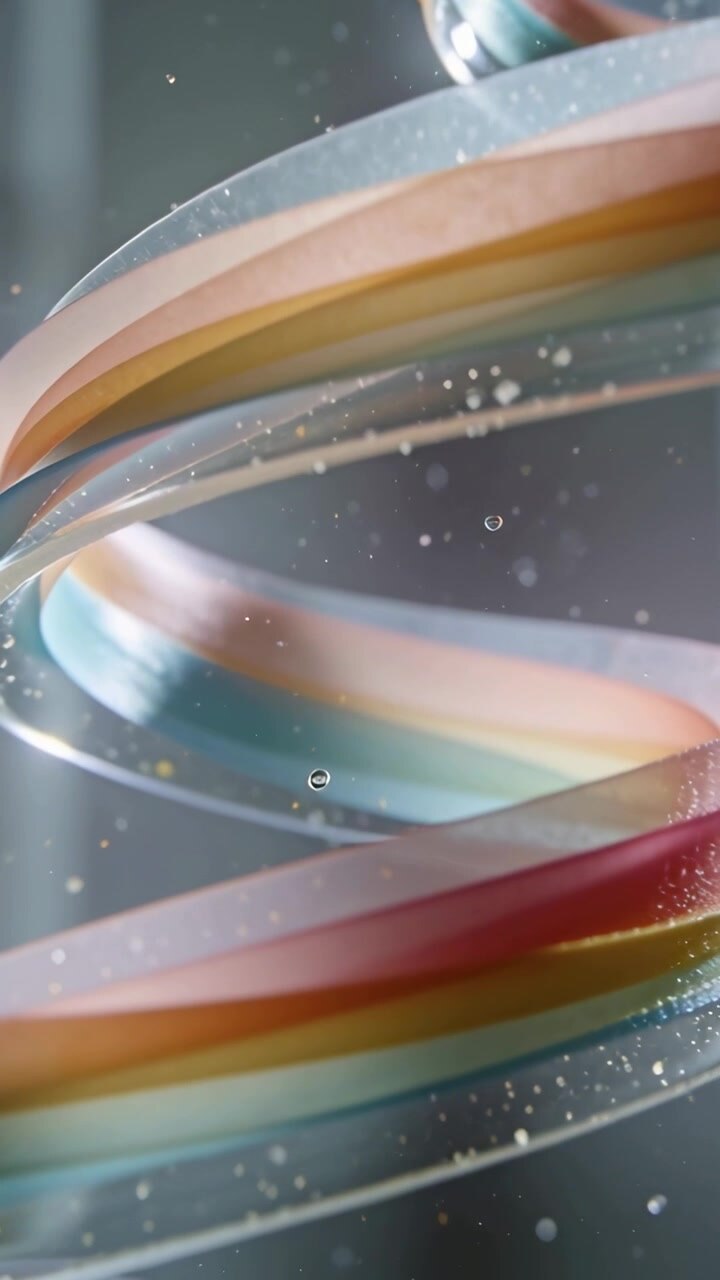 Vertical video: Panning camera revealing clear spiral in macro studio pastel bands, droplets