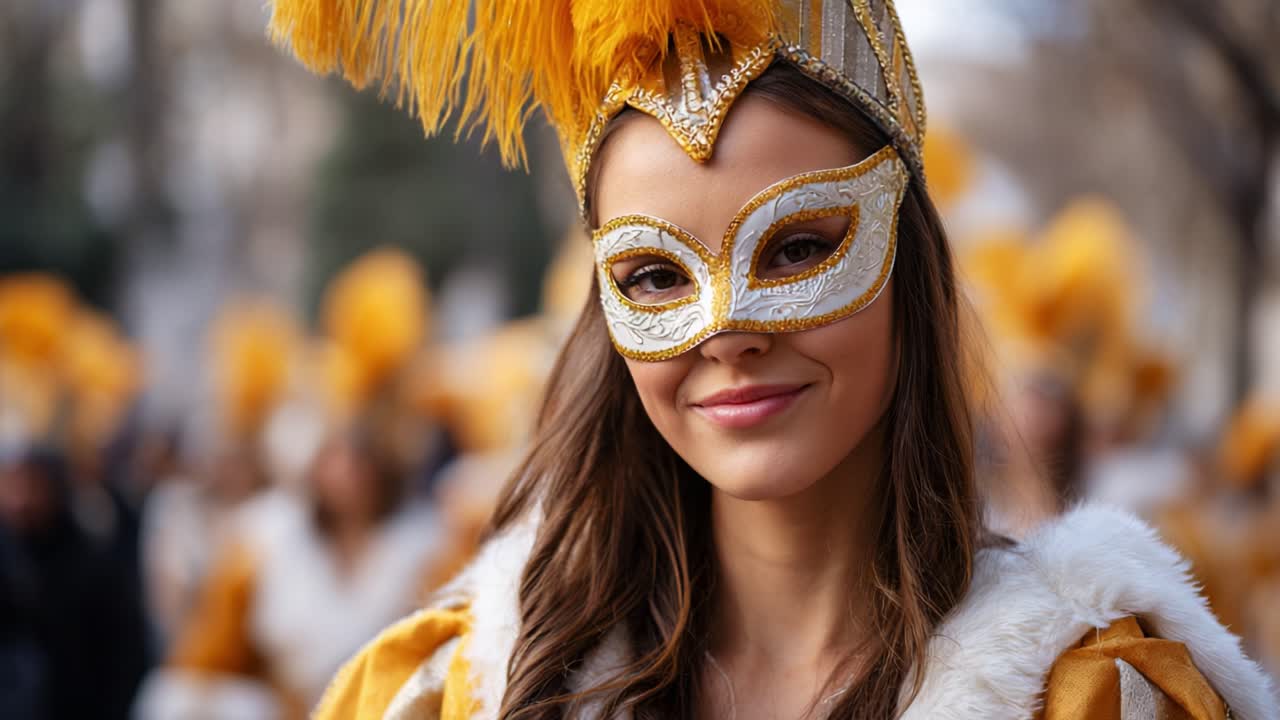 Celebração vibrante de Carnaval: uma jovem alegre com uma máscara de penas douradas e uma fantasia irradia felicidade em meio a uma atmosfera festiva de folia colorida