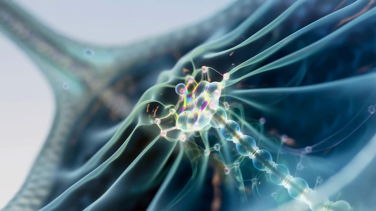 Close view moves toward a glowing transparent node while delicate threads span layered blue-green folds, revealing rounded beads, soft reflections, blurred depth, and shifting rainbow light.