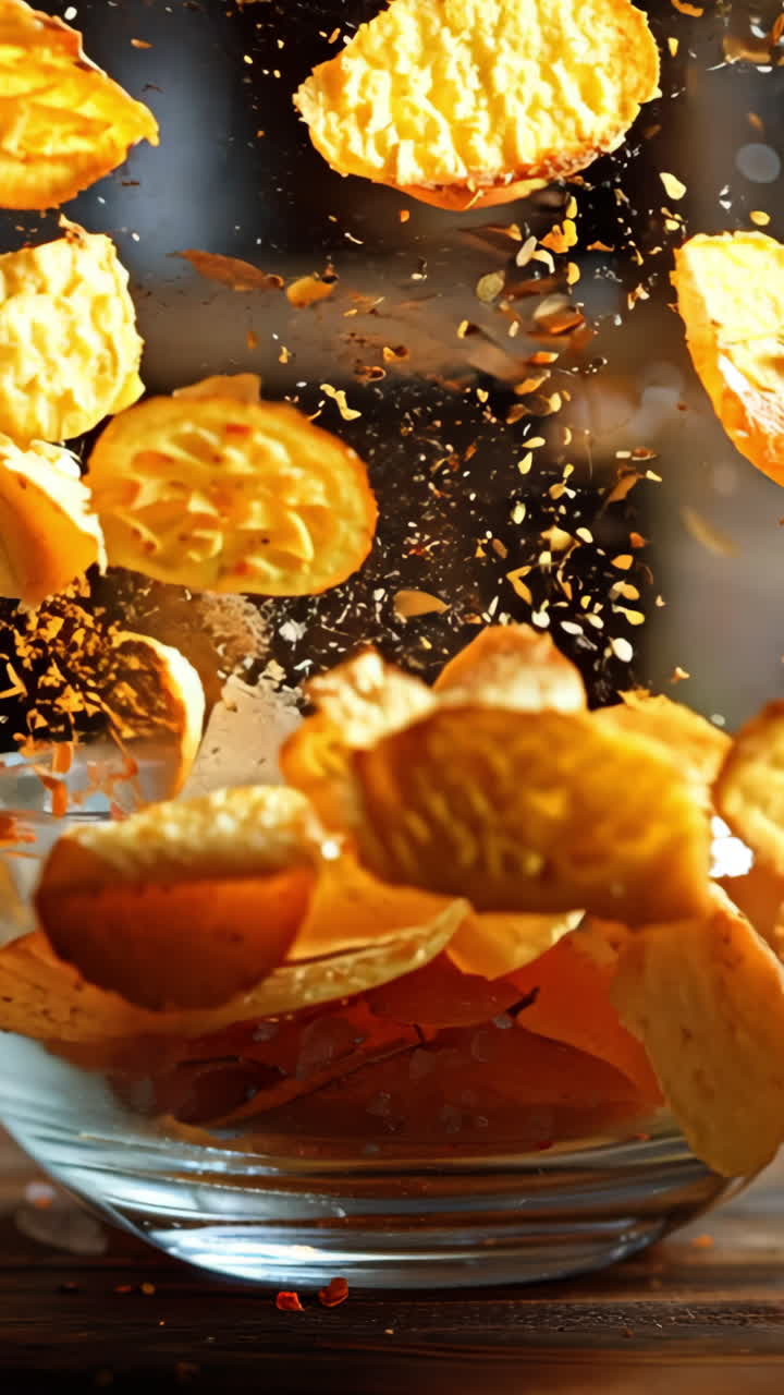 A bowl of potato chips is on a wooden table. The chips are scattered all over the table and some are falling out of the bowl. The scene has a casual and relaxed mood