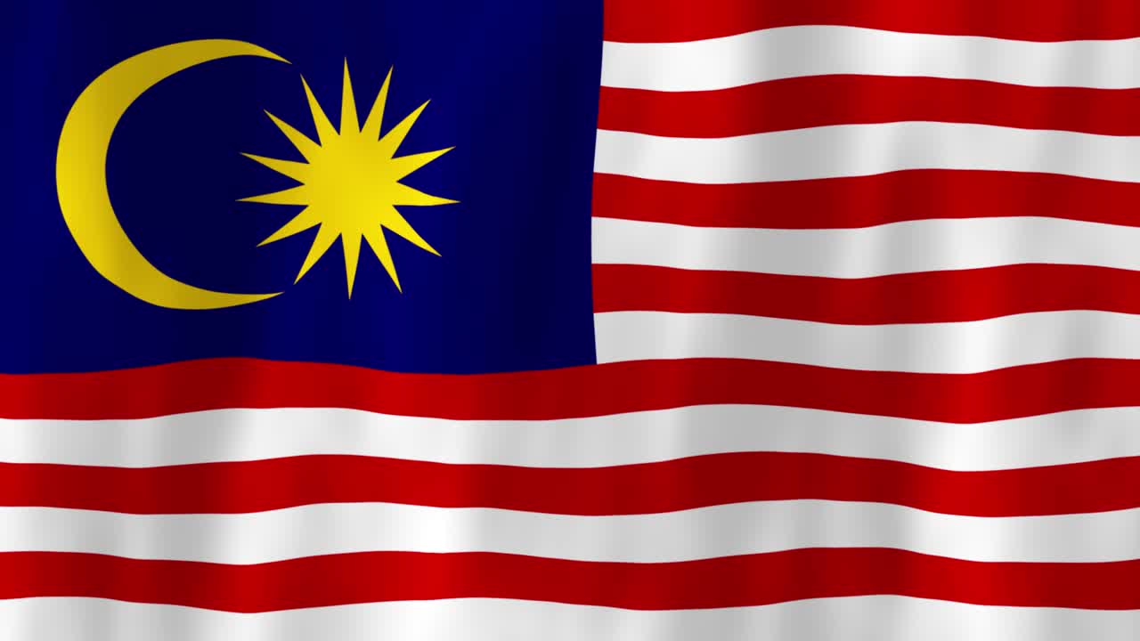 Malaysia Southeast Asia flag country animation 3D symbol design waving in wind movement national patriotism world culture emblem banner republic red white stripes blue yellow moon star