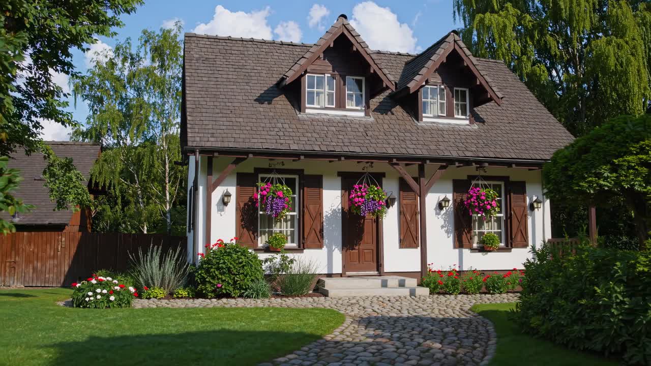 Charmantes Häuschen mit Kopfsteinpflasterweg, aus Augenhöhe aufgenommen