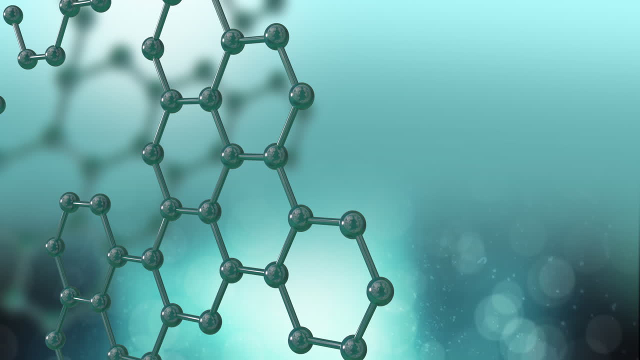 파란색 배경 위에 있는 분자 모델의 마이크로의 애니메이션